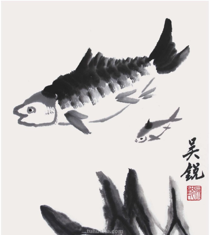 教你画草鱼：用浓墨以中锋为主画出鱼尾，以侧锋画出背鳍，快学习