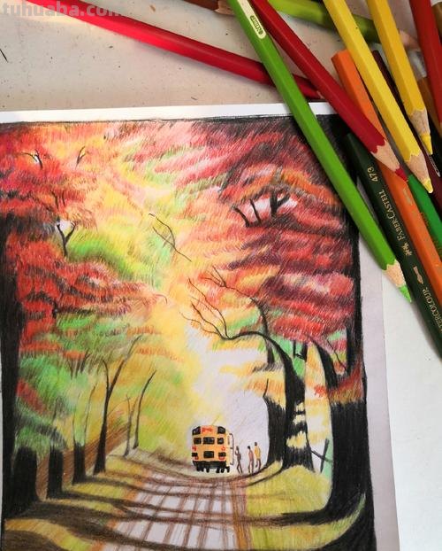彩铅枫树林怎么画 8-10岁画秋天景色彩铅?