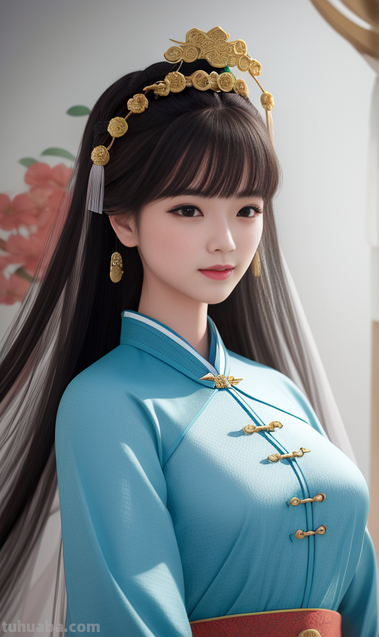 AI绘画国风美女青蓝色服饰第4组，可以作为现代汉服设计的思路哦