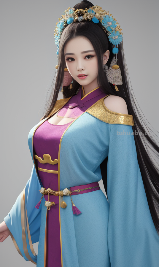 AI绘画国风美女青蓝色服饰第4组，可以作为现代汉服设计的思路哦