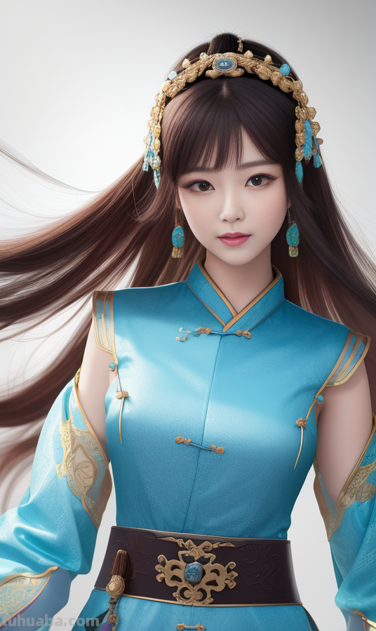 AI绘画国风美女青蓝色服饰第4组，可以作为现代汉服设计的思路哦