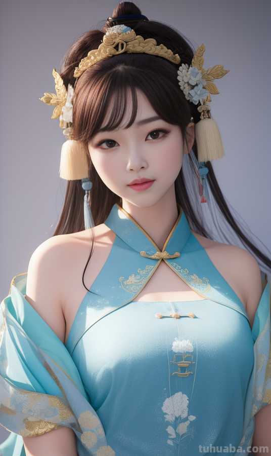 AI绘画国风美女青蓝色服饰第4组，可以作为现代汉服设计的思路哦