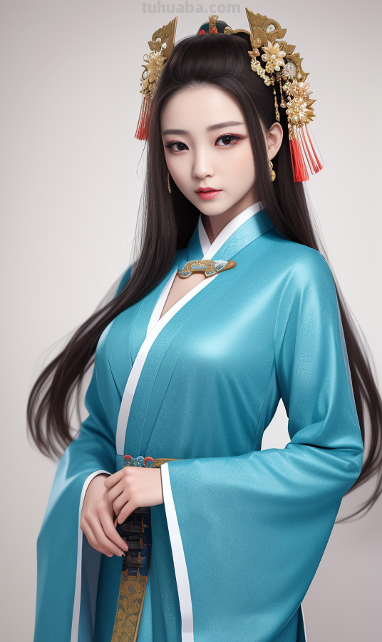 AI绘画国风美女青蓝色服饰第4组，可以作为现代汉服设计的思路哦