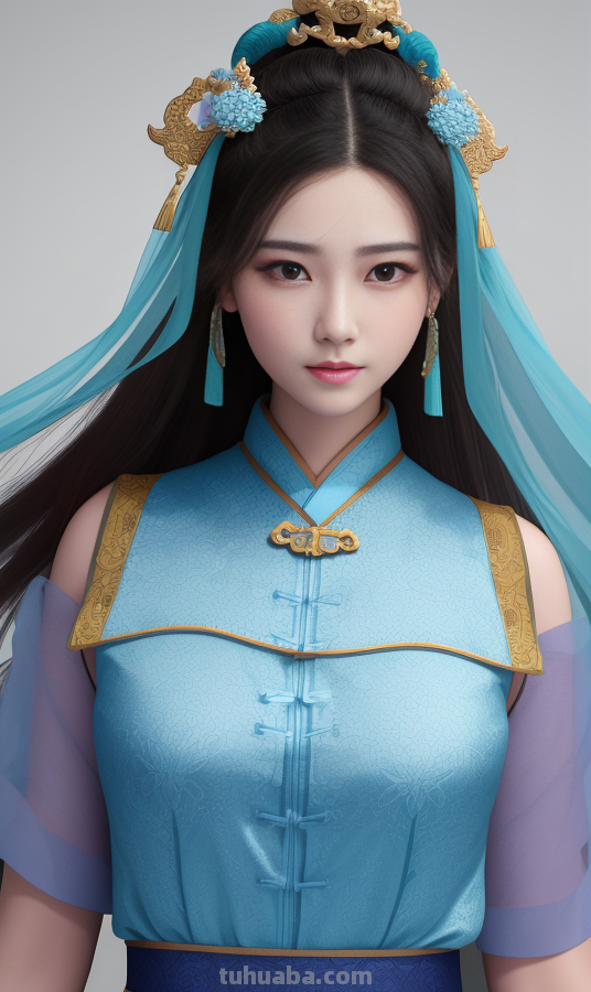 AI绘画国风美女青蓝色服饰第4组，可以作为现代汉服设计的思路哦