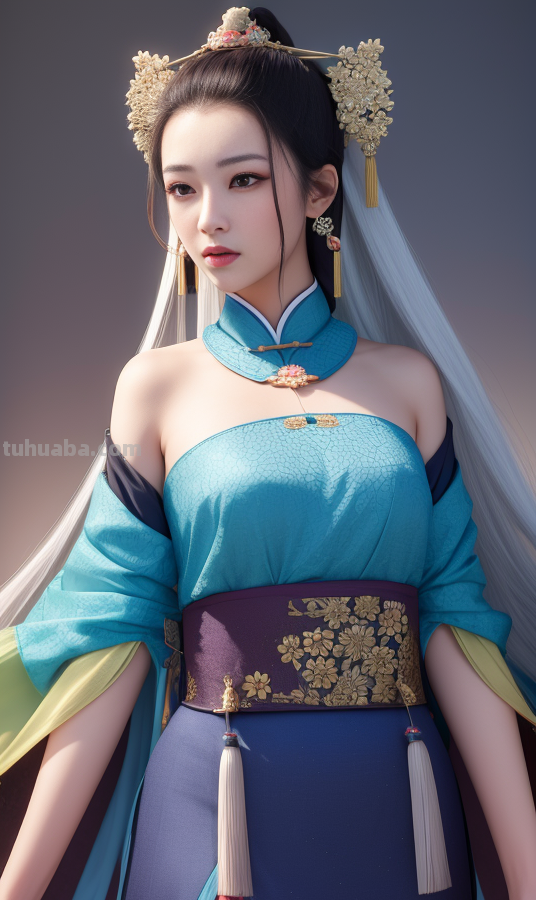 AI绘画国风美女青蓝色服饰第4组，可以作为现代汉服设计的思路哦