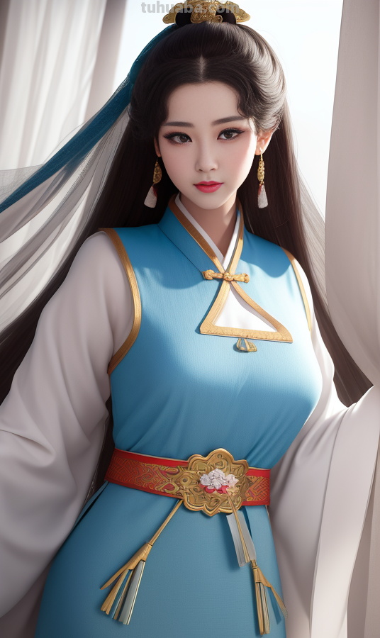 AI绘画国风美女青蓝色服饰第4组，可以作为现代汉服设计的思路哦