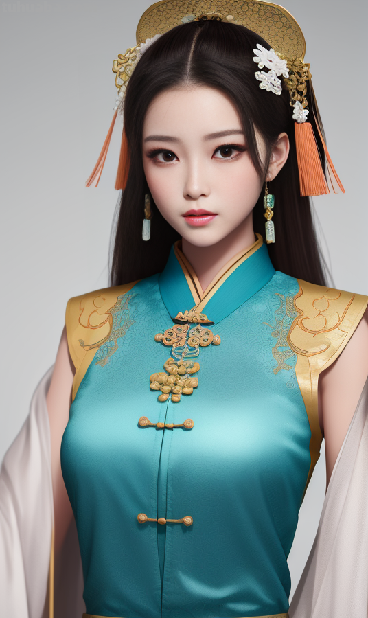 AI绘画国风美女青蓝色服饰第4组，可以作为现代汉服设计的思路哦