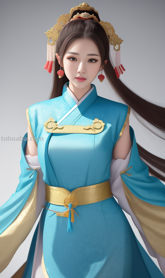 AI绘画国风美女青蓝色服饰第4组，可以作为现代汉服设计的思路哦