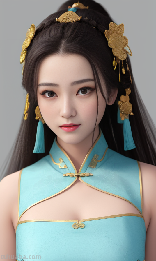 AI绘画国风美女青蓝色服饰第4组，可以作为现代汉服设计的思路哦