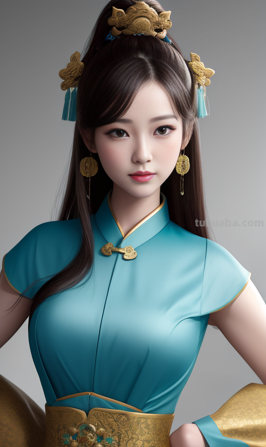 AI绘画国风美女青蓝色服饰第4组，可以作为现代汉服设计的思路哦