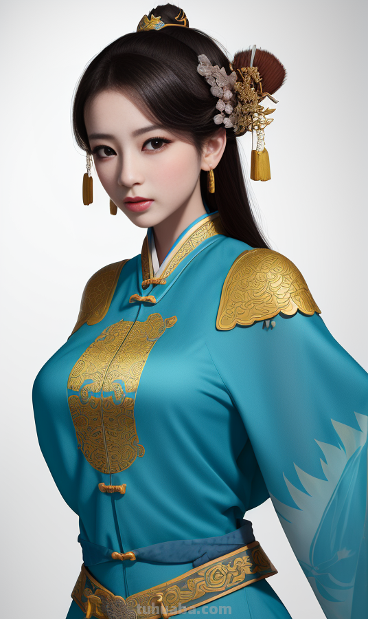 AI绘画国风美女青蓝色服饰第4组，可以作为现代汉服设计的思路哦