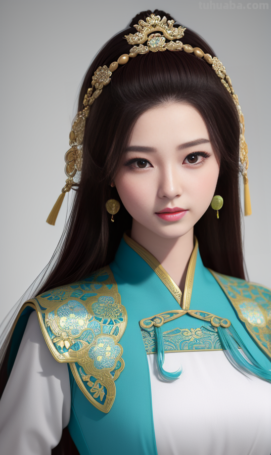 AI绘画国风美女青蓝色服饰第4组，可以作为现代汉服设计的思路哦
