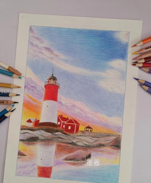 彩铅灯塔插画怎么画 彩铅画自学教程风景？