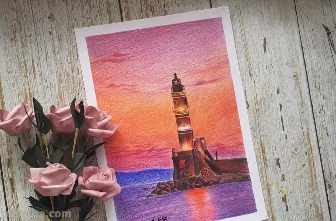 彩铅灯塔插画怎么画 彩铅画自学教程风景？