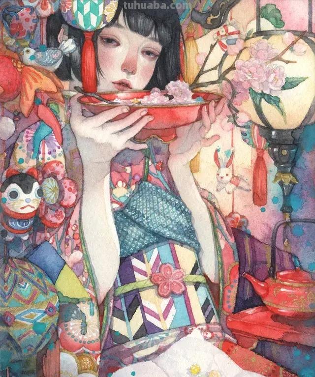 超华丽精致的手绘水彩，画面十分有艺术感的唯美人物场景插画欣赏