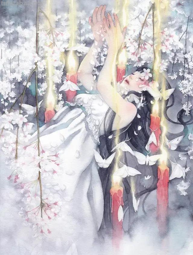 超华丽精致的手绘水彩，画面十分有艺术感的唯美人物场景插画欣赏