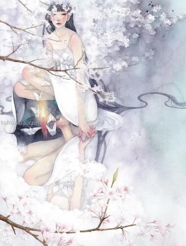 超华丽精致的手绘水彩，画面十分有艺术感的唯美人物场景插画欣赏