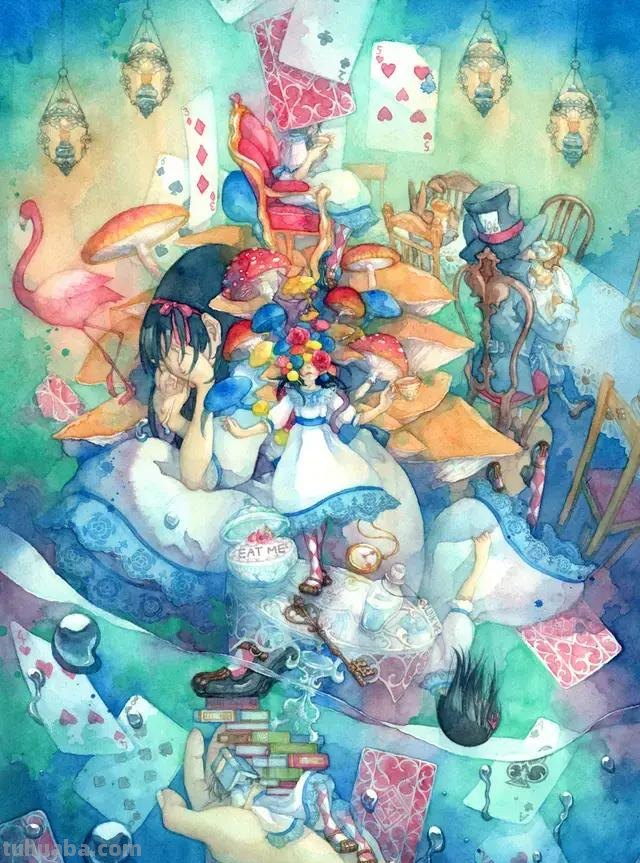 超华丽精致的手绘水彩，画面十分有艺术感的唯美人物场景插画欣赏