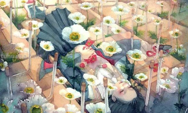超华丽精致的手绘水彩，画面十分有艺术感的唯美人物场景插画欣赏