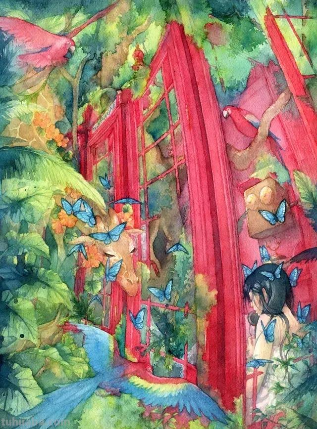 超华丽精致的手绘水彩，画面十分有艺术感的唯美人物场景插画欣赏