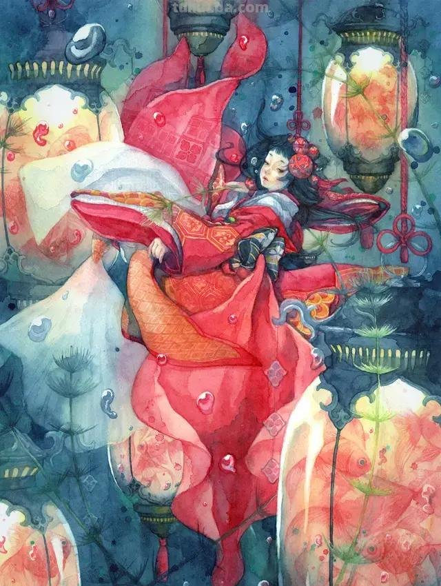 超华丽精致的手绘水彩，画面十分有艺术感的唯美人物场景插画欣赏