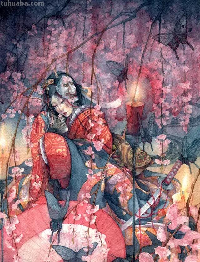 超华丽精致的手绘水彩，画面十分有艺术感的唯美人物场景插画欣赏