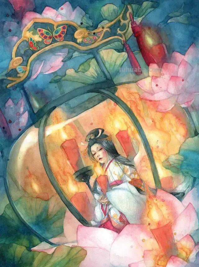 超华丽精致的手绘水彩，画面十分有艺术感的唯美人物场景插画欣赏