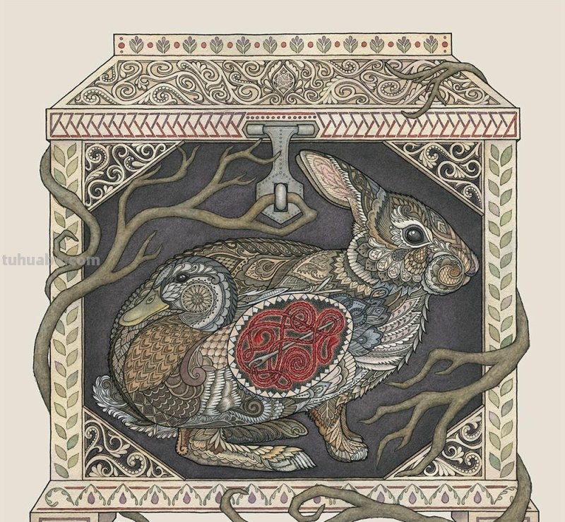 繁复美丽的几何图案，与水彩动物插画结合，神秘又精致的插画作品