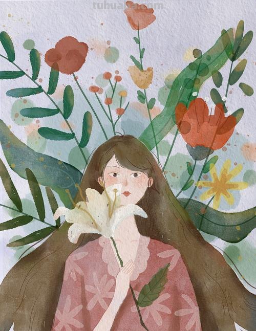 花与女孩系列插画｜清清凉凉的颜色，正适合夏天，愿疫情早日散去