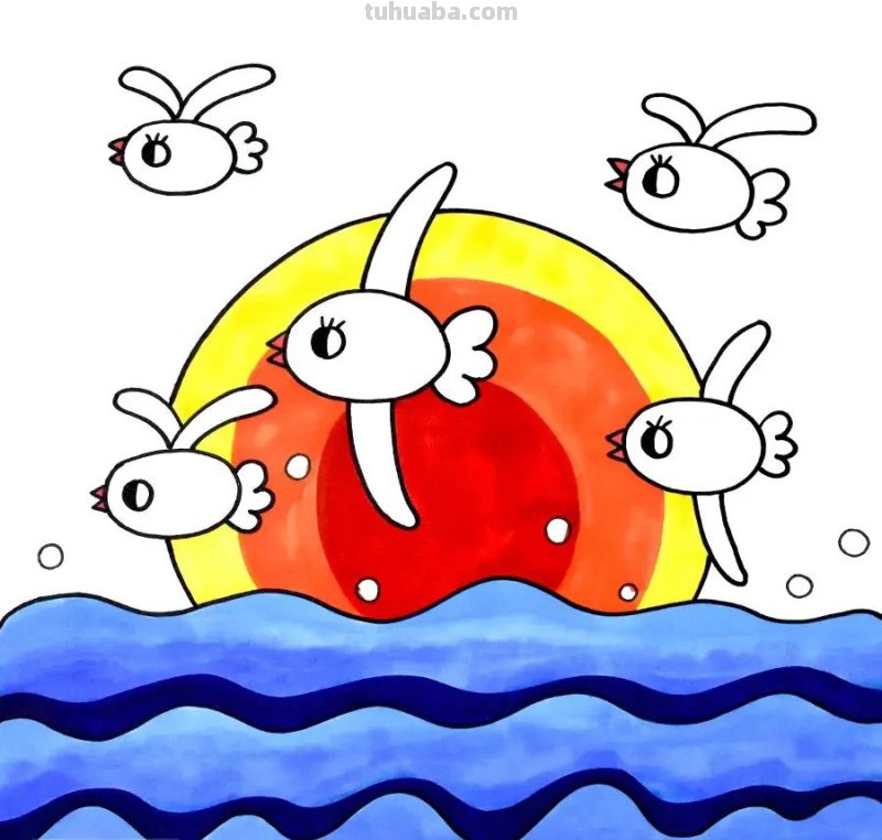 儿童画教程｜水彩笔涂色练习课程《自在翱翔的海鸥》