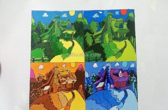 四季色彩，春夏秋冬四宫格色彩画图片大全 