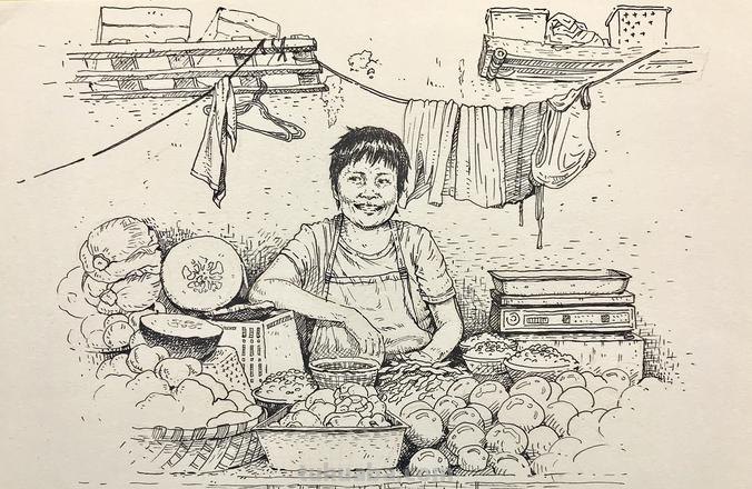 菜贩子速写 描写卖菜的人的外貌？