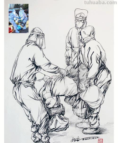 疫情医生速写 医护人员志愿者手绘主题画