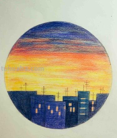 秋天晚霞的彩铅画怎么画 8-10岁画秋天景色彩铅?