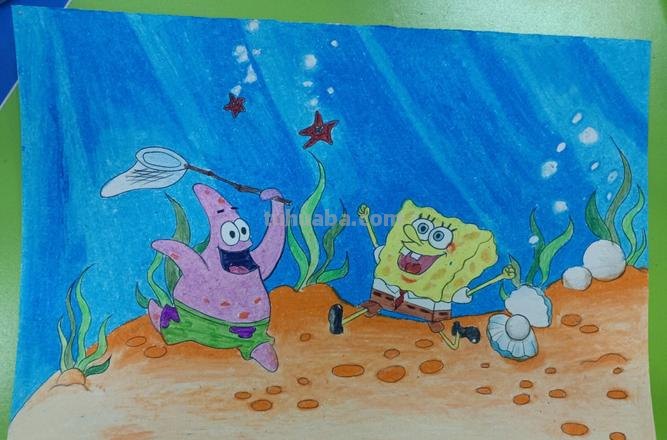 用色彩画海和海绵宝宝，让你的涂画作品更加生动 