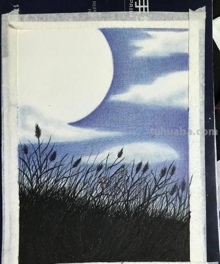 月亮升起图怎么画彩铅画 怎么用彩铅画芦苇塘和月亮?