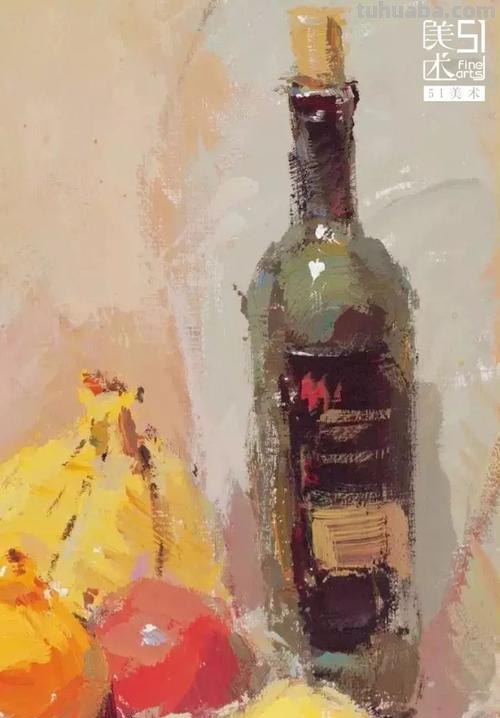 用色彩静物绘画红酒瓶及瓶子,打造艺术品般的画作