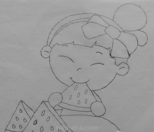 送你们一组小女孩吃西瓜的简笔画，好简单的水彩和彩铅画法！