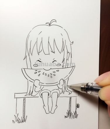 送你们一组小女孩吃西瓜的简笔画，好简单的水彩和彩铅画法！