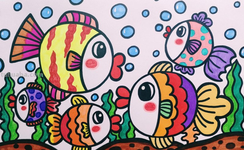小鱼简笔画，鱼简笔画，小鱼儿童创意画，用圆形画可爱的小鱼