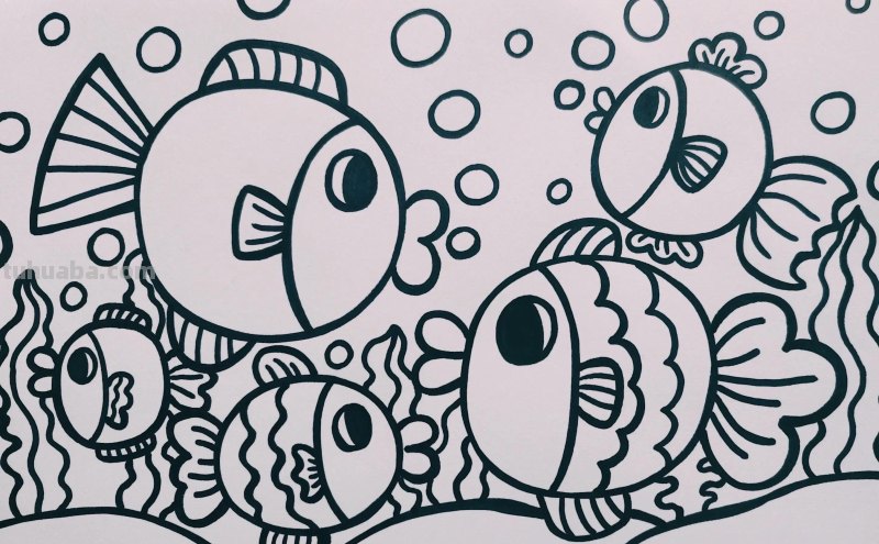 小鱼简笔画，鱼简笔画，小鱼儿童创意画，用圆形画可爱的小鱼