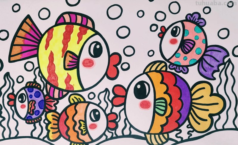 小鱼简笔画，鱼简笔画，小鱼儿童创意画，用圆形画可爱的小鱼
