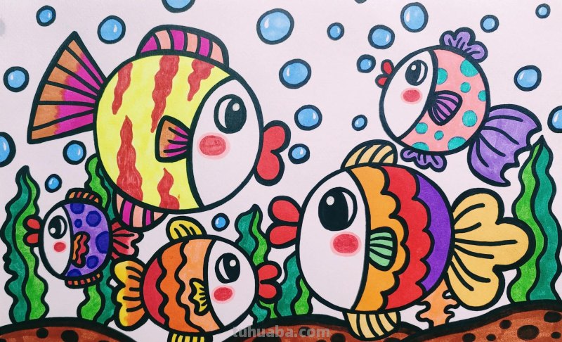 小鱼简笔画，鱼简笔画，小鱼儿童创意画，用圆形画可爱的小鱼