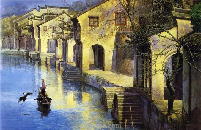 水乡色彩画：迷人的水乡风景在画布上绽放 