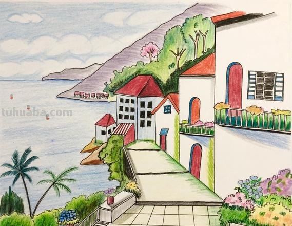 海缤小城怎么画(彩铅画) 画一幅海滨小城的画简单3年级？