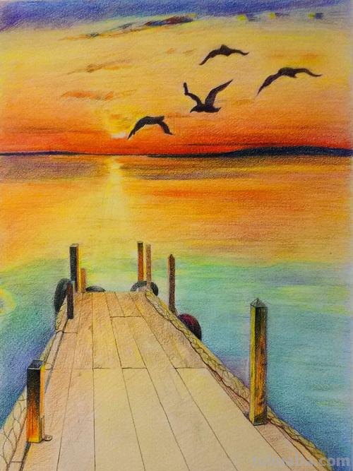 白天和黑夜彩铅画怎么画 日落，彩色铅笔绘画，详细步骤教程？