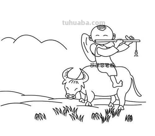 牛头怎么画简笔画图片 怎么画正在放牛的儿童/坐在牛背上的牧童简笔画？
