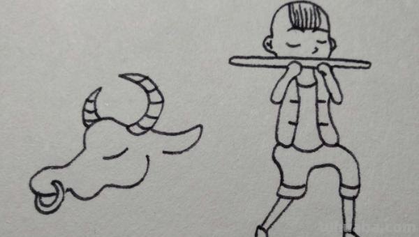 牛头怎么画简笔画图片 怎么画正在放牛的儿童/坐在牛背上的牧童简笔画？