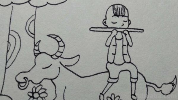 牛头怎么画简笔画图片 怎么画正在放牛的儿童/坐在牛背上的牧童简笔画？