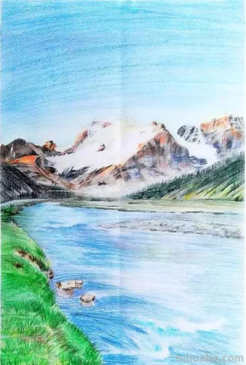 怎么画简单风景画彩铅 怎样用彩铅画有山又有水的画？